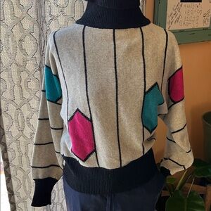 1980s Geometric Turtleneck Sweater - Black, Pink, Teal